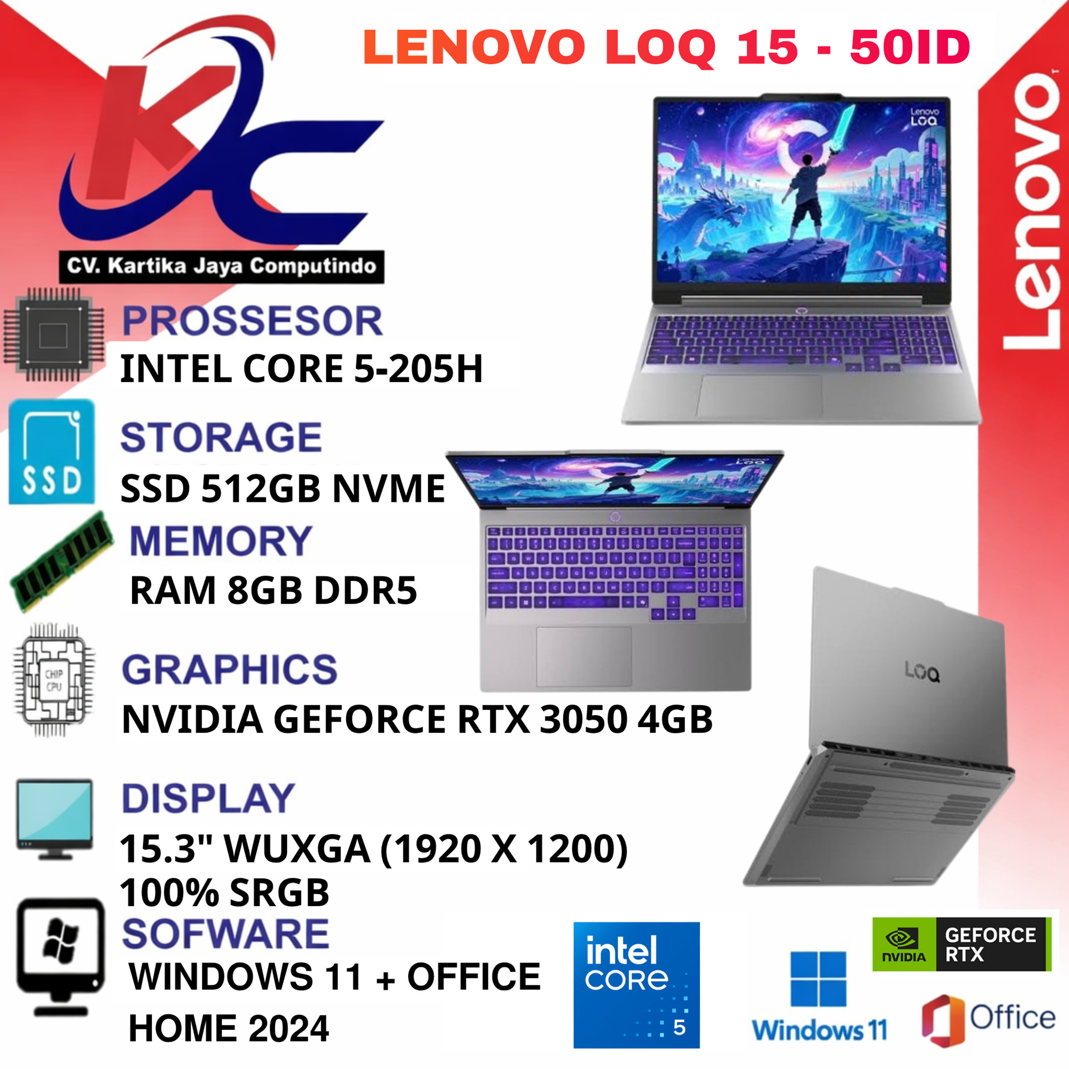 LENOVO LOQ 15 - 50ID CORE 5-205H/ 8GB/ SSD 512GB/ RTX3050-4GB/ W11 OHS+M365 GREY